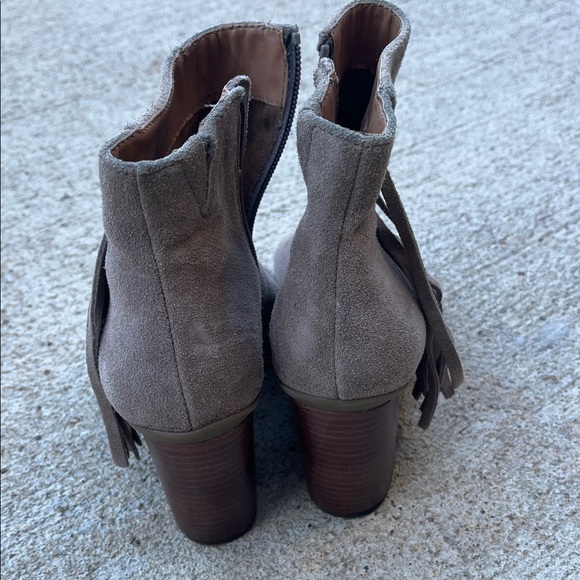 Kenneth Cole Reaction Fringe Suede Open-Toe Ankle Boots - Tan/Gray - Picture 2 of 6